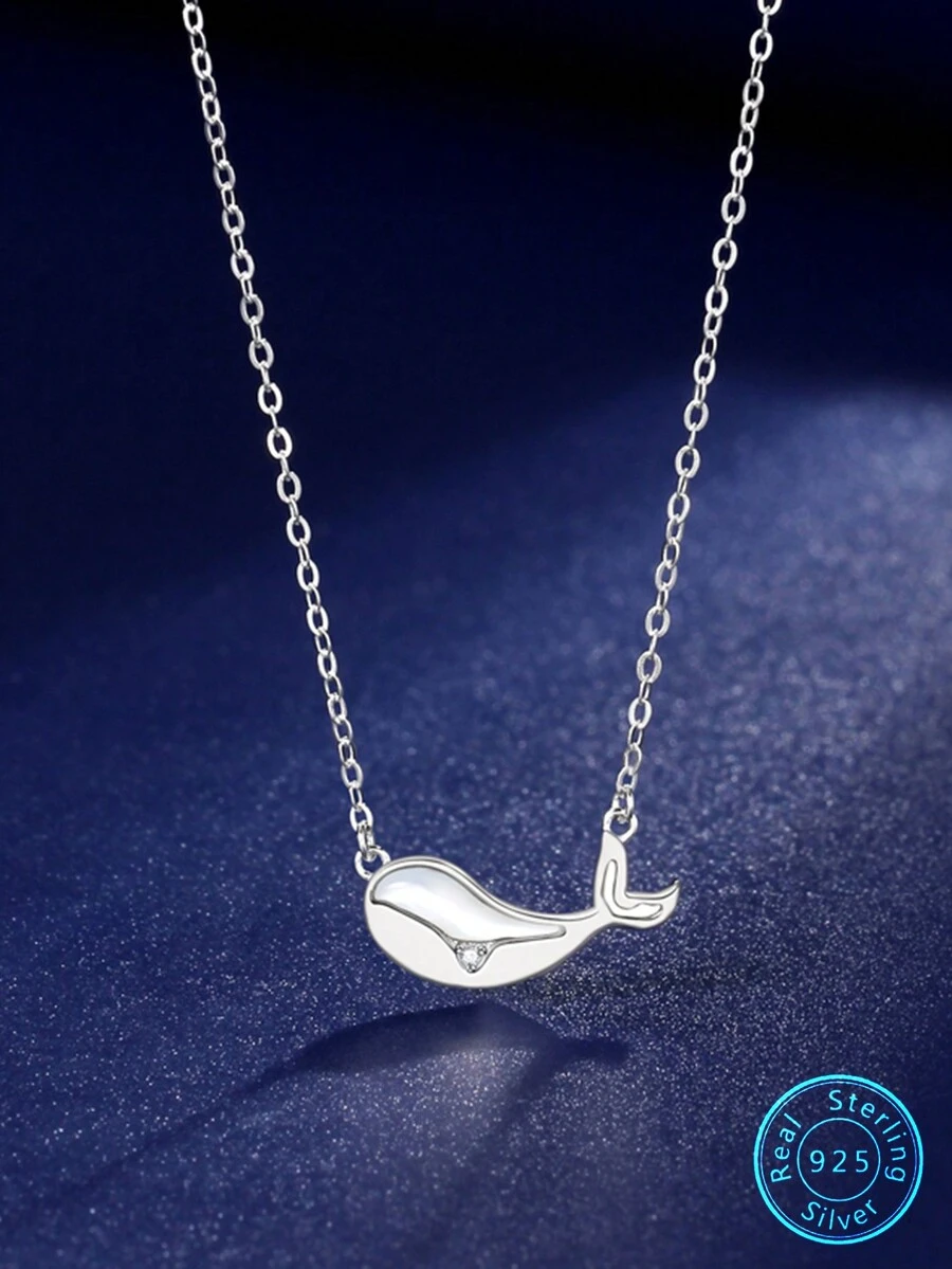 1入輕巧奢華白母貝&鯨魚吊墜s925銀項鍊 - 彩色 - 查看 1