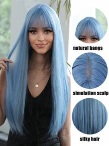 飘逸蓝色角色扮演美人鱼长直发 26 英寸带刘海合成假发，适合女性日常使用派对度假节日自然丝滑浪漫优雅简约休闲万圣节圣诞节角色扮演服装耐热假发 - 淺藍色 - 查看 3