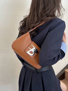 金屬裝飾 Pu 皮革長方形單肩包,實用,適合日常休閒都市街頭風格,女士斜挎包,四季小方包