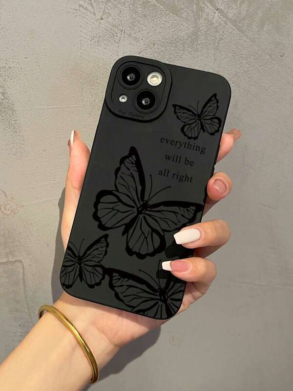 1pc Black Butterfly Pattern Matte Black Full Body Shockproof TPU Phone Case Compatible With Apple 17, 16, 15, 14, 13, 12, 11 Pro Max, Series