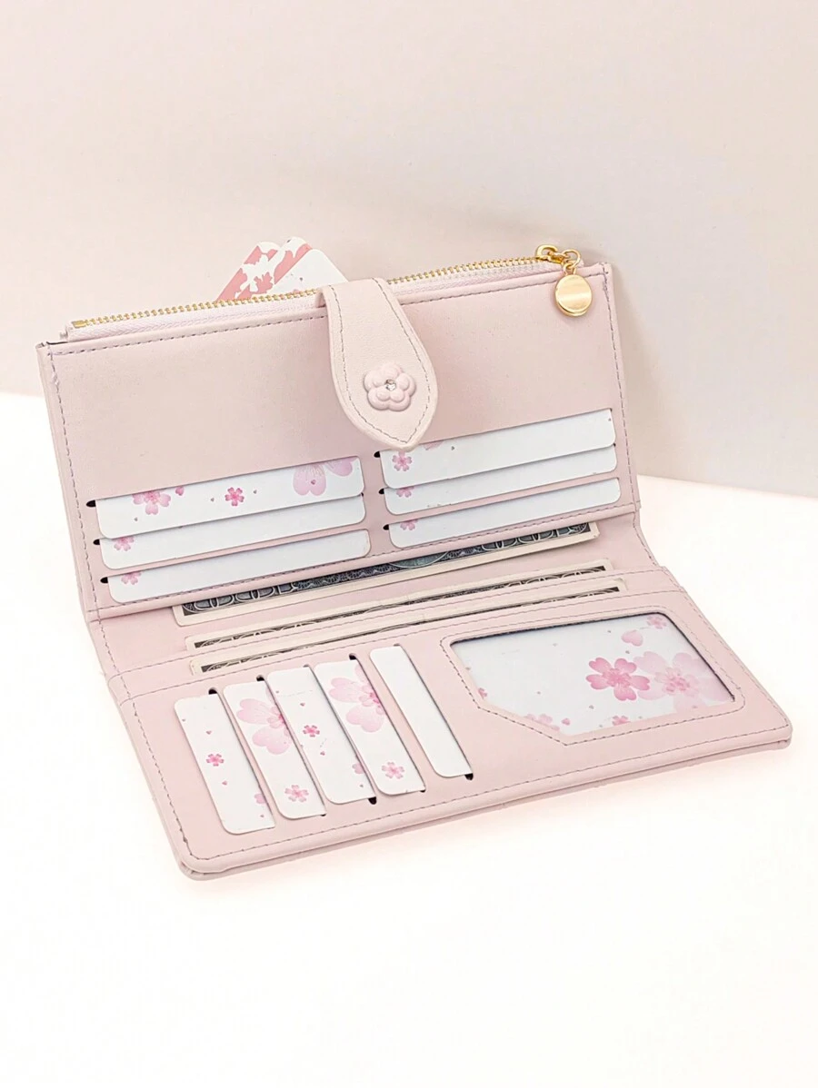 MINGYOU Fang Huang Delicate Snap Closure Women's PU Zipper Multi-Functional Large Capacity Card Holder, Sweet & Cute Young Fashion Minimalist, Easy To Carry, Bright Pink Women's Long Wallet - Pink - View 1