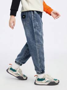 Annil 少年男童休閒百搭、彈性腰設計、純棉舒適牛仔褲 - 藍色 - 查看 2