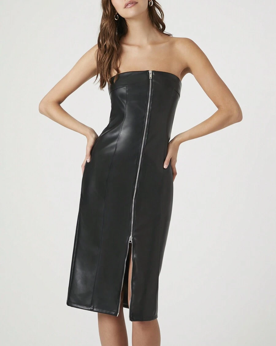 Faux Leather Zip-Up Midi Dress - Black - View 1