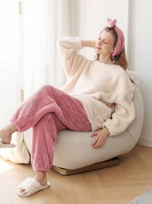 毛絨保暖奢華加厚女士家居服套裝帶圍巾 - 粉色 - 查看 8