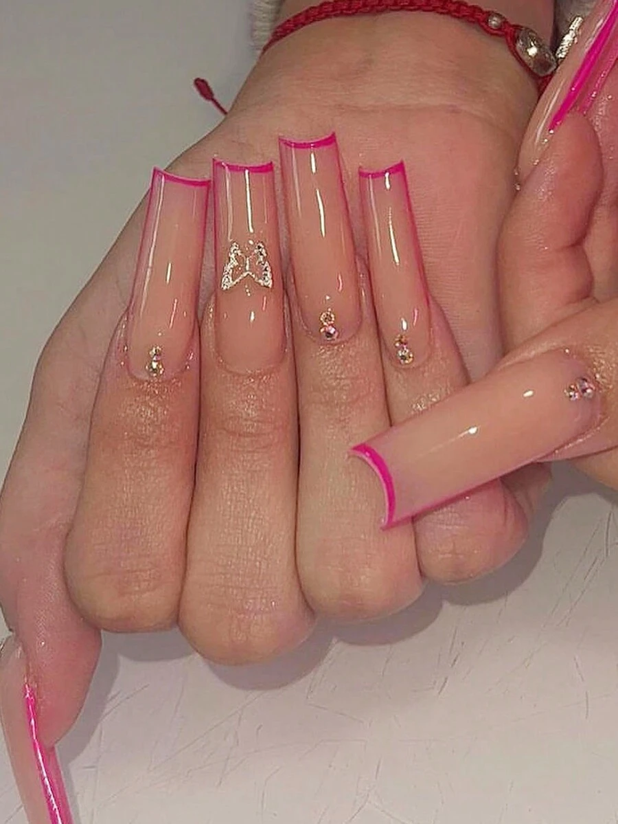 24 件長棺材形粉紅色法式美甲,帶有閃閃發光的水鑽和銀色蝴蝶細節指甲尖,配有果凍凝膠和指甲銼,適合派對、舞蹈和日常穿著 - 粉色 - 查看 1