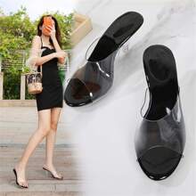 Women's Clear Heels Sandals Clear Strap Slip On Transparent Kitten Mules - Black - View 4