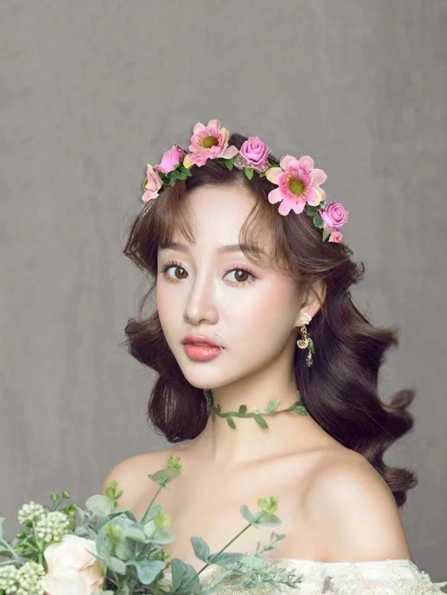 1pc韓國風格甜美粉色新娘伴娘花鬘頭帶,適合婚禮派對森林海灘度假,人工花卉頭飾髮飾適合婚禮派對日常使用