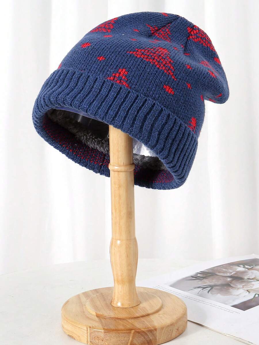 1pc Men's Winter Festive Cedar Pattern Fashion Knit Hat For Christmas - Navy Blue - View 1