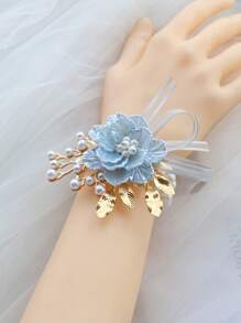 1 Stück hellblaue Brautjungfer Handblume, elastische Perlen Kette Armband, elegantes Braut Accessoire