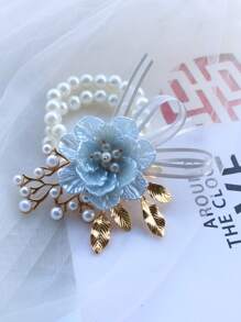 1 Stück hellblaue Brautjungfer Handblume, elastische Perlen Kette Armband, elegantes Braut Accessoire