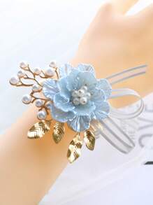 1 Stück hellblaue Brautjungfer Handblume, elastische Perlen Kette Armband, elegantes Braut Accessoire