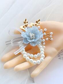 1 Stück hellblaue Brautjungfer Handblume, elastische Perlen Kette Armband, elegantes Braut Accessoire