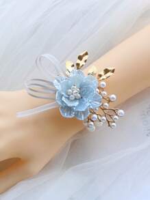 1 Stück hellblaue Brautjungfer Handblume, elastische Perlen Kette Armband, elegantes Braut Accessoire