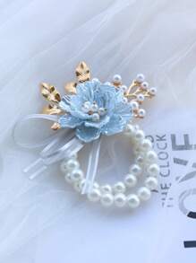 1 Stück hellblaue Brautjungfer Handblume, elastische Perlen Kette Armband, elegantes Braut Accessoire