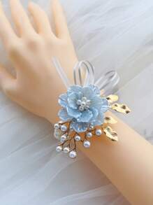 1 Stück hellblaue Brautjungfer Handblume, elastische Perlen Kette Armband, elegantes Braut Accessoire