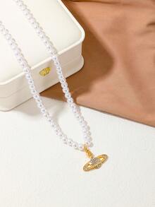 1pc Pearl Planet Pendant Necklace - Yellow Gold - View 3