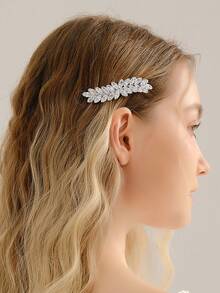 1pc Women's Leaf Design Rhinestone Hair Clip, Symmetrical Spring Clip For Daily Wear, Silver - Silver - View 2