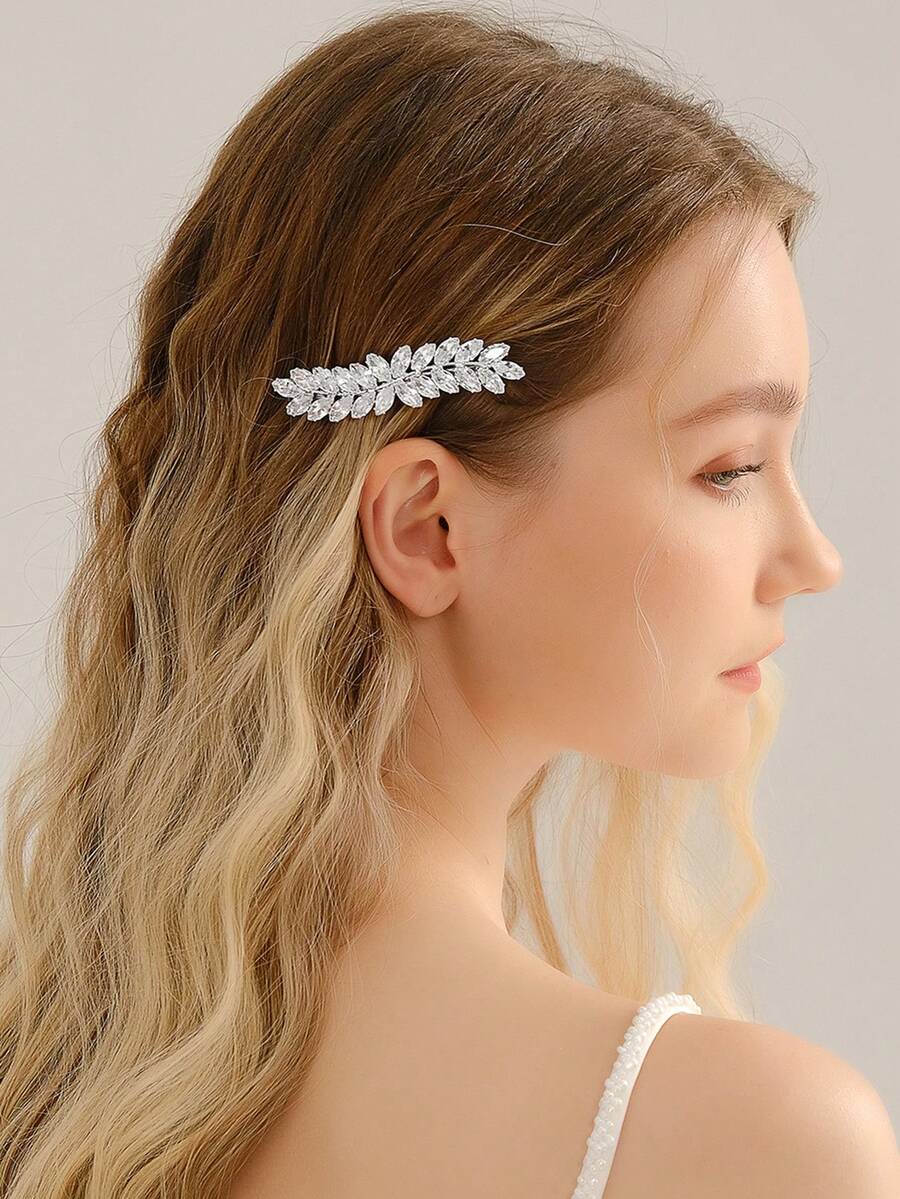 1pc Women's Leaf Design Rhinestone Hair Clip, Symmetrical Spring Clip For Daily Wear, Silver - Silver - View 1