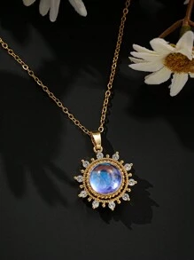 1pc Gorgeous Crystal Sunflower Pendant Necklace For Women Fashionable, Imitation Moonstone (Polar Lights Glass) Necklaces Jewelry Gift For Mom Sister Girlfriend Valentines