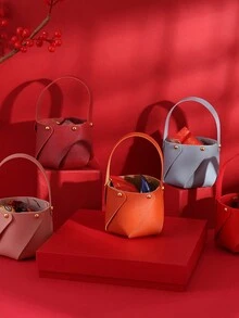 1入紅色聖誕蘋果袋皮質托特桶包,糖果袋用於跨年禮物