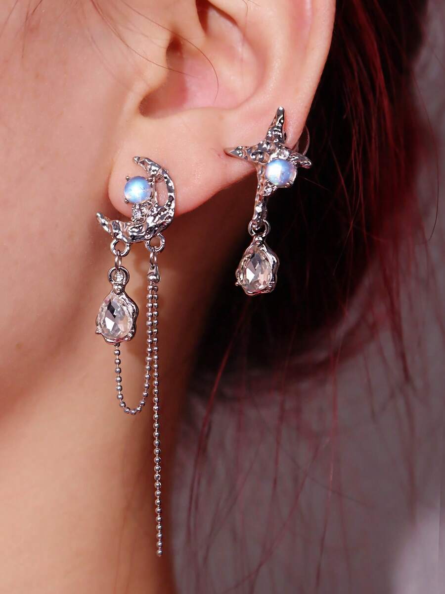 1對多彩樹脂水滴&星星&月亮設計長不對稱垂墜耳環 - 彩色 - 查看 1