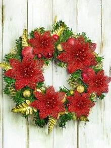 4入組/12入組-15cm紅色閃爍掏空聖誕樹裝飾,人造聖誕花,diy裝飾工藝,理想的聖誕和新年裝飾,適用於裝飾門,壁爐,樓梯,牆壁,庭院,花園。人造花的室內秋季裝飾(粉/紅/金/銀) - 紅色 - 查看 5