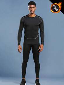Men's Compression Suit Including Thermal Lined Tight-Fitting Long Sleeve T-Shirt And Breathable Tights Quick-Drying Two-Piece Set High Elasticity For Outdoor Running And Training, Athletic Suit, Tracksuit - Black - View 3