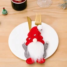 1套聖誕餐具收納袋,聖誕帽子、聖誕老人、雪花刀叉套裝,聚會晚宴桌子餐具裝飾用品 - 紅色 - 查看 1