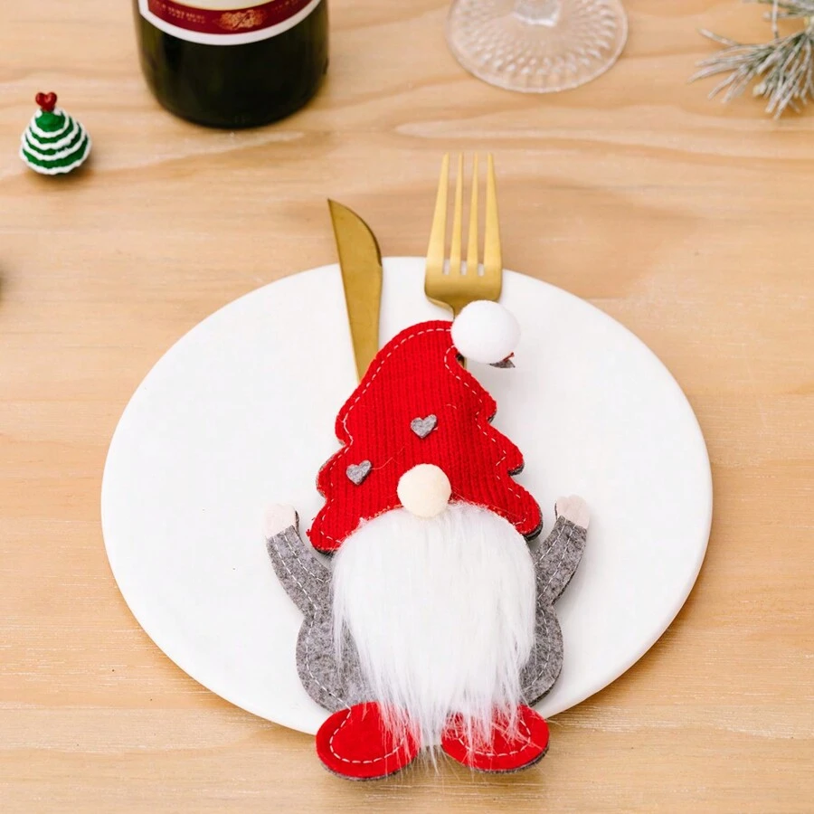 1套聖誕餐具收納袋,聖誕帽子、聖誕老人、雪花刀叉套裝,聚會晚宴桌子餐具裝飾用品 - 紅色 - 查看 1