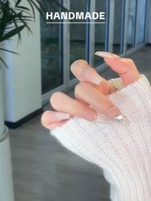 GIRL PLUS Girlplus 10入組手工假指甲,長棺材形狀,漸層米色法式鑽石設計,時尚的指甲套裝,適合女性和女孩的日常穿著