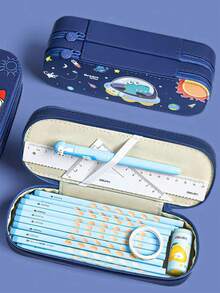 1入隨機圖案大容量雙層筆盒,受宇航員啟發的極簡主義文具盒,學生筆袋,文具收納袋