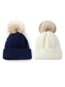 2pcs Kids' Cable Knit Beanie Hat With Pom Pom Set - Multicolor - View 1