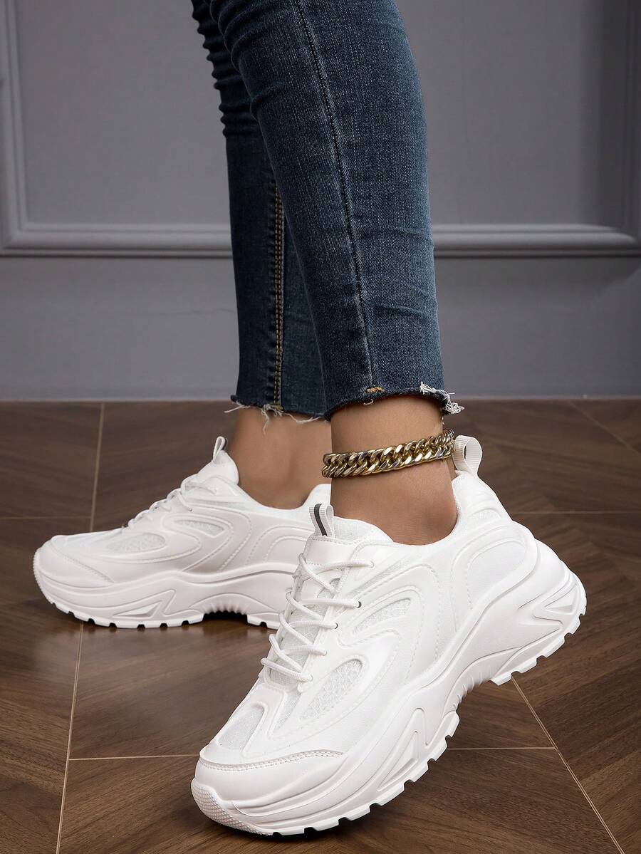 女士時尚輕便透氣網面運動鞋,大碼,舒適設計,白色,厚底,增高運動鞋 - 白色 - 查看 1