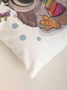 卡通貓頭鷹印花帆布手提袋,休閒旅行海灘肩袋,大號可重複使用的購物袋 - 白色 - 查看 5