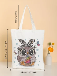 卡通貓頭鷹印花帆布手提袋,休閒旅行海灘肩袋,大號可重複使用的購物袋 - 白色 - 查看 6