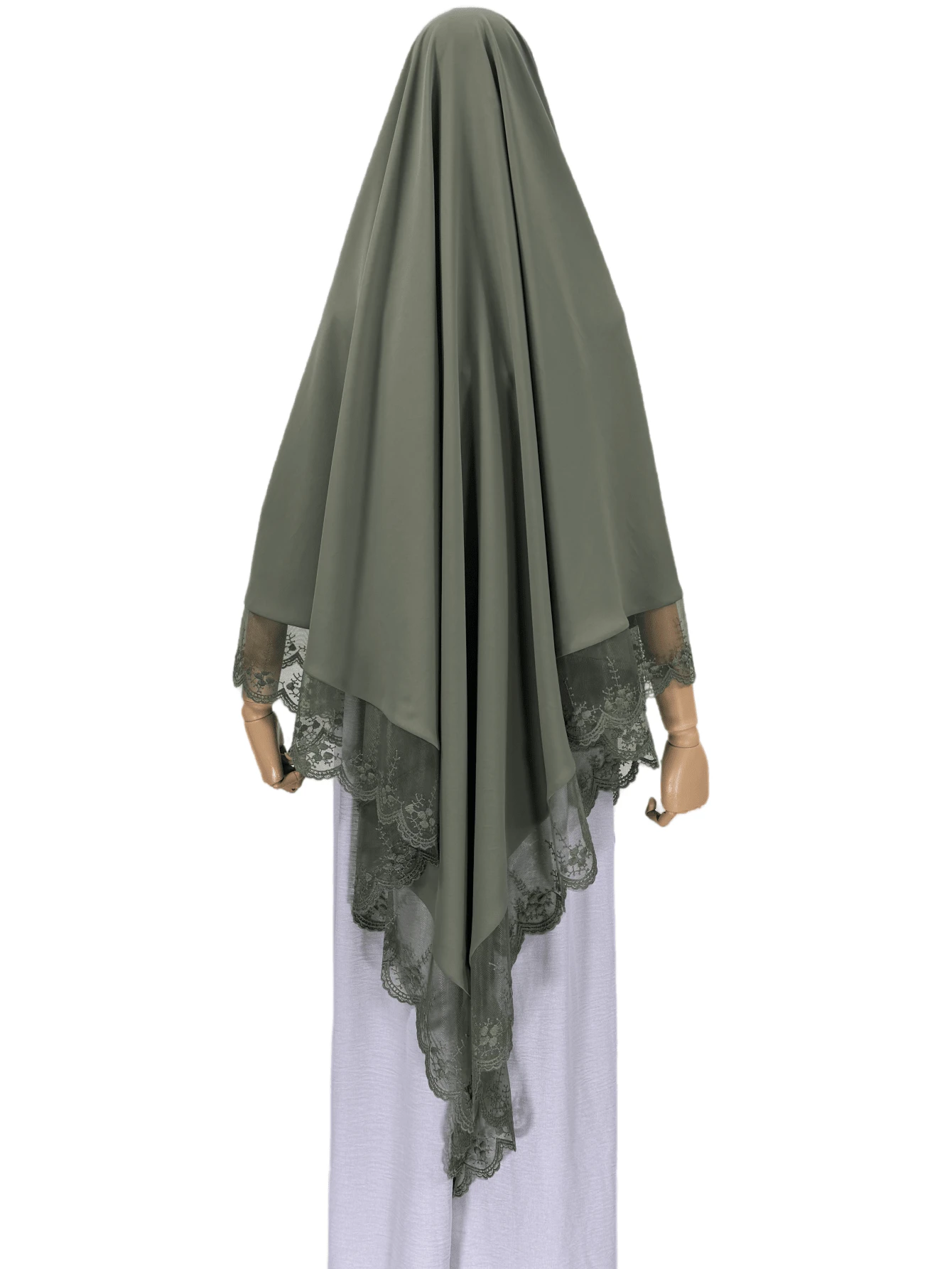 1pc Ladies' Madinah Style Large Size Long Scarf With Lace Edging - Army Green - View 1