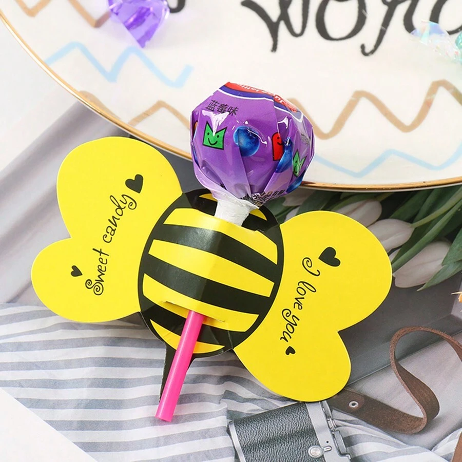 50 piezas Tarjetas de embalaje de piruleta con diseño de abeja, adecuadas para días festivos - Amarillo - Ver 1