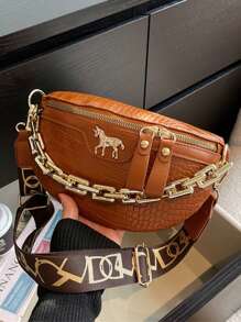 時尚鏈條裝飾腰包金屬馬裝飾拉鍊可調整肩帶,中等的腰包鱷魚壓紋流行腰包適合旅行&運動,時髦人造皮革胸包,單肩包復古經典手提包手掌包帶拉鍊適合女士