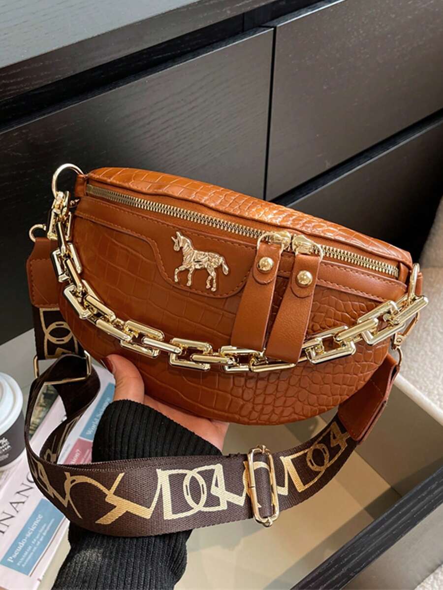 時尚鏈條裝飾腰包金屬馬裝飾拉鍊可調整肩帶,中等的腰包鱷魚壓紋流行腰包適合旅行&運動,時髦人造皮革胸包,單肩包復古經典手提包手掌包帶拉鍊適合女士