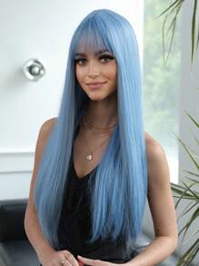 飘逸蓝色角色扮演美人鱼长直发 26 英寸带刘海合成假发，适合女性日常使用派对度假节日自然丝滑浪漫优雅简约休闲万圣节圣诞节角色扮演服装耐热假发 - 淺藍色 - 查看 4