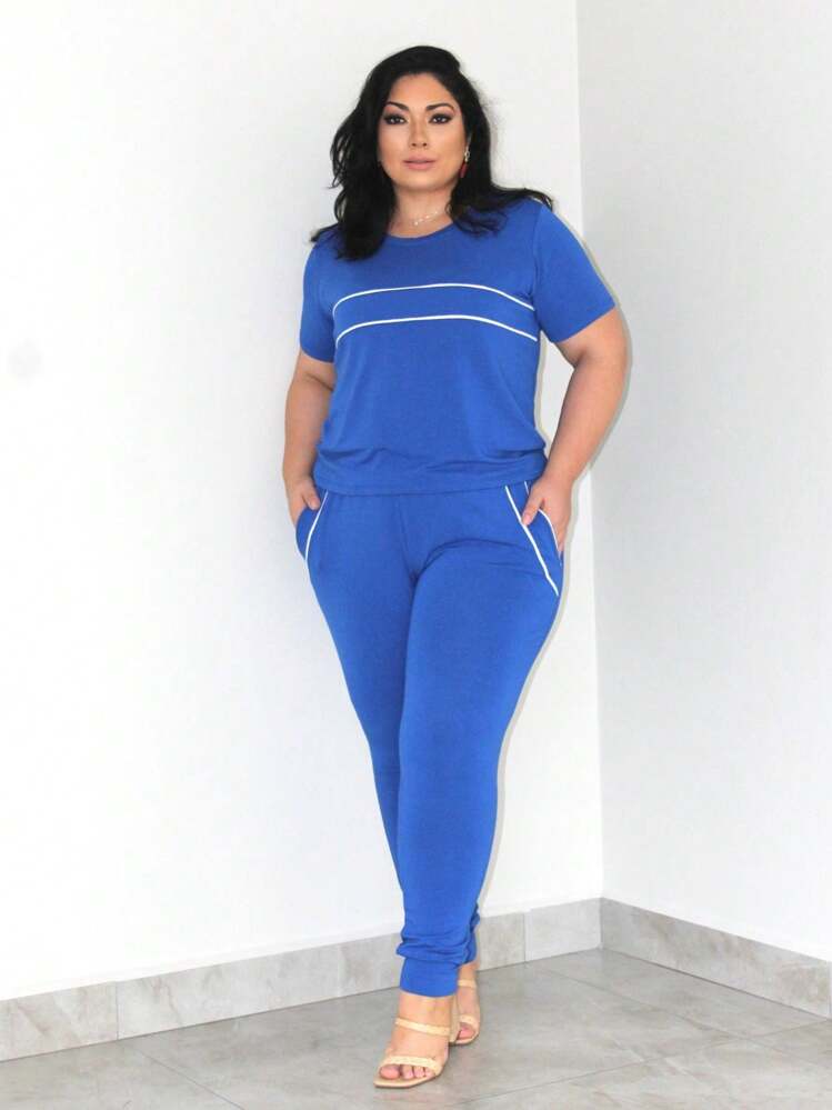Plus Size Co-Ords - Blue and White - View 2