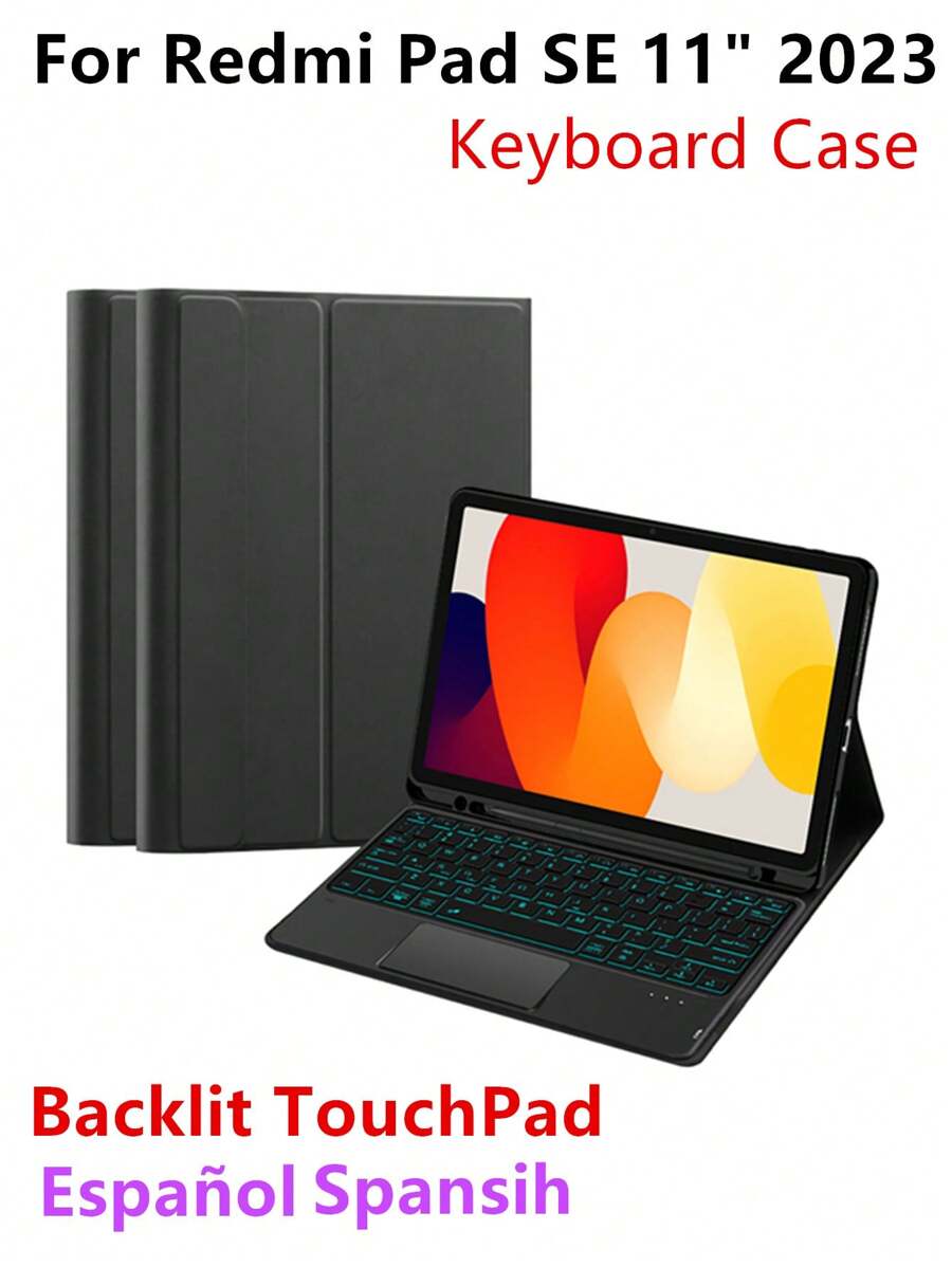 For Mi Pad Redmi Pad SE Keyboard Case 11 Inch, PU Leather Protective Cover For Red Mi Pad SE 11-Inch Redmi Pad SE Case With Keyboard Pencil Holder Groove (2023), 7 Color Backlit TouchPad Wireless Keyboard Spanish - Black Backlight-spanish+English - View 1