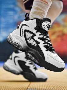 男子運動籃球鞋,輕便、防滑、耐磨、緩震、透氣、扭轉鎖定設計,無須系鞋帶,方便運動跑鞋 - 黑與白 - 查看 2