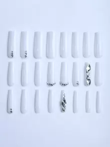 Instantly Upgrade Your Look With 24 Pcs Long Square Press On Nails Autumn And Winter New Bright Rhinestone White Moonlight White Shaped Rhinestone Rich Family Daughter Fell Into The Stars, Wedding, Banquet, Party Necessary Fake Nails With Jelly Glue 1 Piece And File Strip 1 Nail Supplies