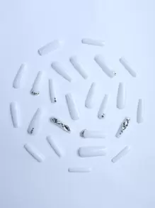 Instantly Upgrade Your Look With 24 Pcs Long Square Press On Nails Autumn And Winter New Bright Rhinestone White Moonlight White Shaped Rhinestone Rich Family Daughter Fell Into The Stars, Wedding, Banquet, Party Necessary Fake Nails With Jelly Glue 1 Piece And File Strip 1 Nail Supplies