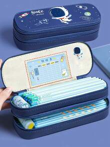 1入隨機圖案大容量雙層筆盒,受宇航員啟發的極簡主義文具盒,學生筆袋,文具收納袋