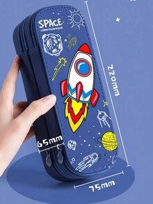 1入隨機圖案大容量雙層筆盒,受宇航員啟發的極簡主義文具盒,學生筆袋,文具收納袋