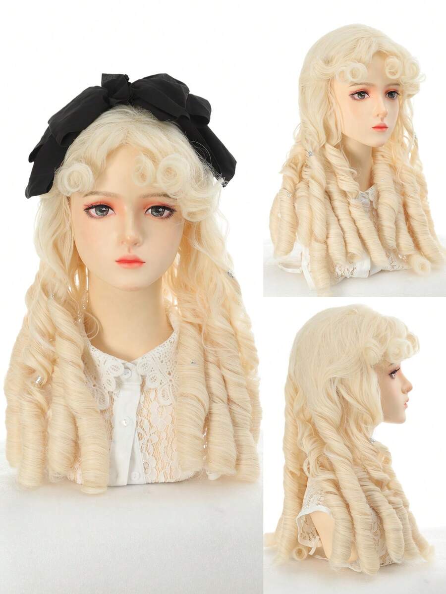 羅馬卷合成蘿莉塔捲髮帶劉海紅金色動漫假髮oberl女人派對角色扮演假髮 - 金色 - 查看 1