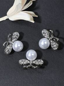 3pcs/Set Ladies' Casual Faux Pearl Butterfly Scarf Buckle Brooch, Suitable For Party And Daily Wear - Silver - View 3