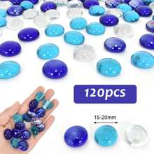 120入組透明和海藍色玻璃卵石,裝飾石頭,扁圓珠狀玻璃塊裝飾寶石,適用於水族箱,花盆,園藝,花瓶填充物,魚缸